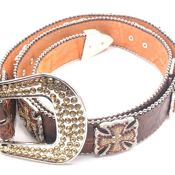 Brown Western Belt with Rhinestone Celtic Crosses & Side Studs main image 13